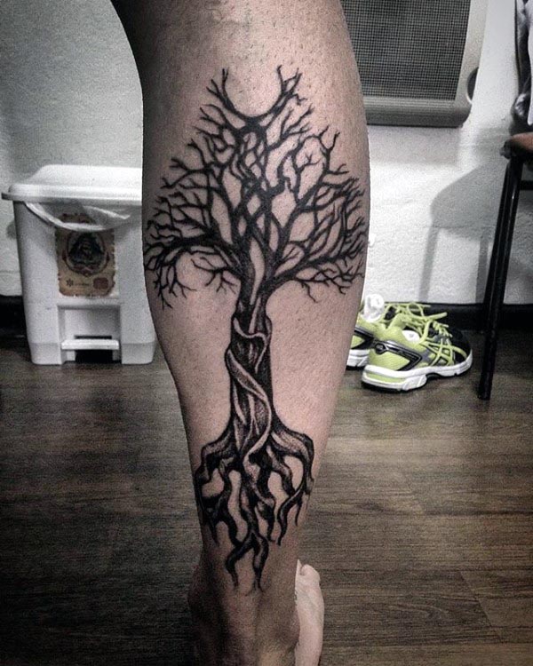 Grey And Black Tree Of Life Tattoo On Back Leg