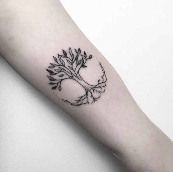 Grey And Black Tree Tattoo On Arm Sleeve