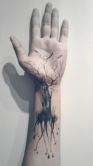 Grey And Black Tree Tattoo On Left Wrist
