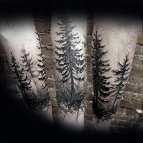 Grey And Black Tree Tattoos On Arm Sleeve