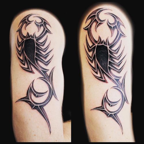 Grey And Black Tribal Scorpion Tattoo On Half Sleeve