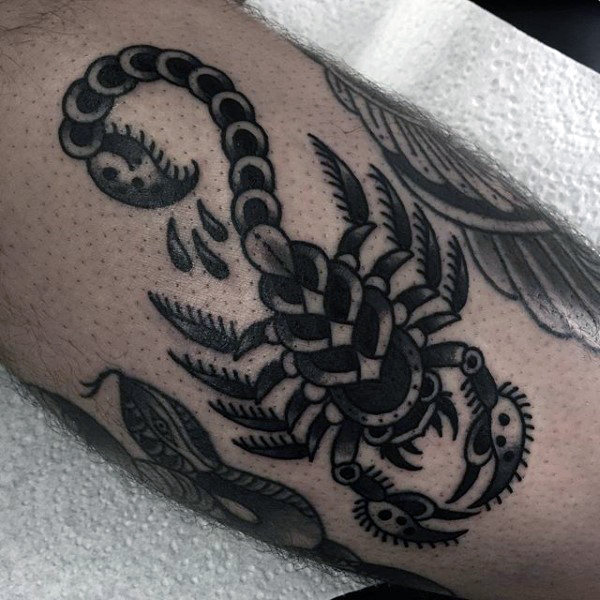 Grey And Black Tribal Scorpion Tattoo On Leg