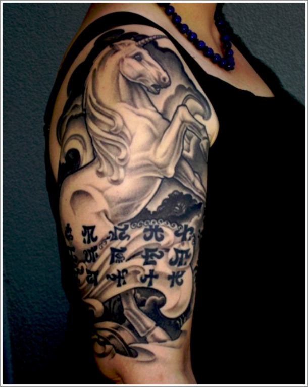 Grey And Black Unicorn Tattoo On Right Half Sleeve