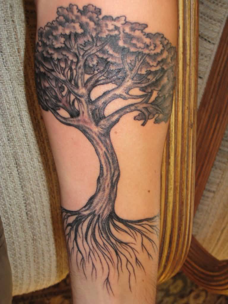 Grey And White Ink Ash Tree Tattoo On Arm Sleeve