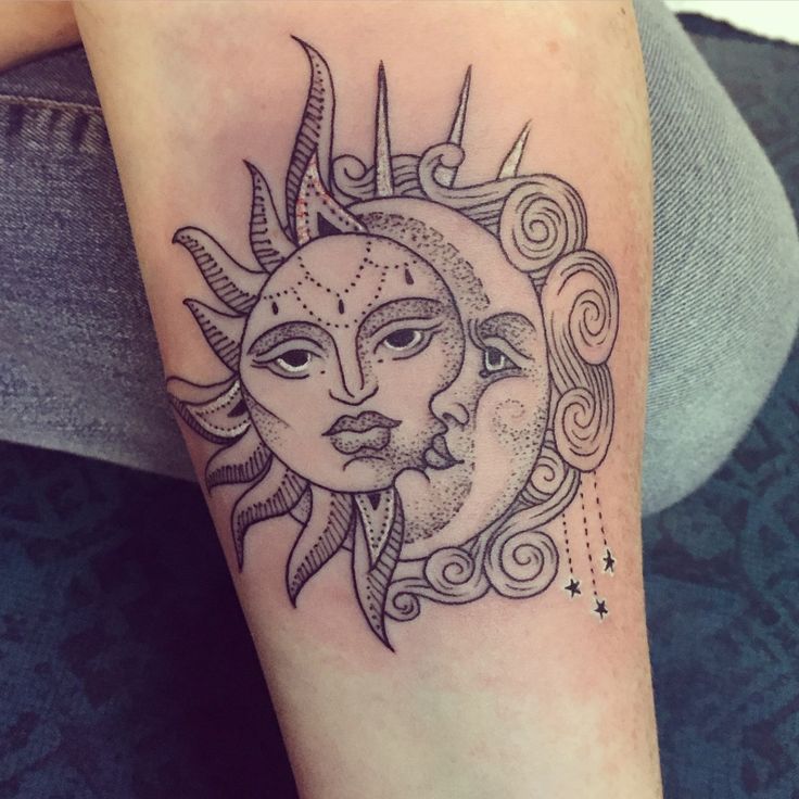 Grey Dotwork Sun And Moon Tattoos On Left Forearm