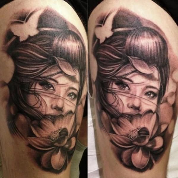 Grey Flower And Geisha Tattoo On Side Thigh