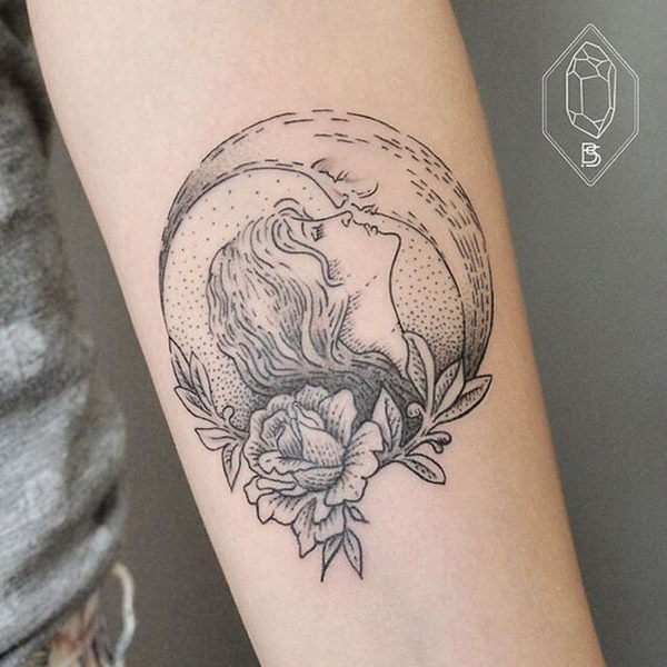 Grey Flower And Girl Face Kissing Moon Tattoo On Arm