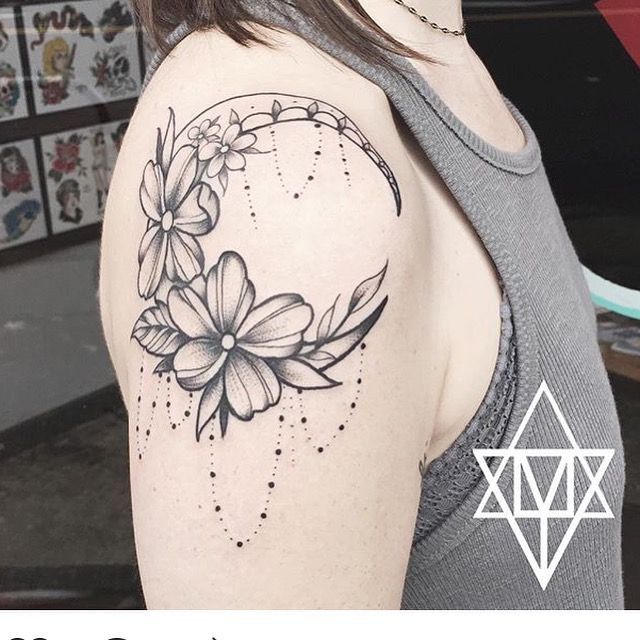 Grey Flowers And Crescent Moon Tattoo On Girl Right Shoulder