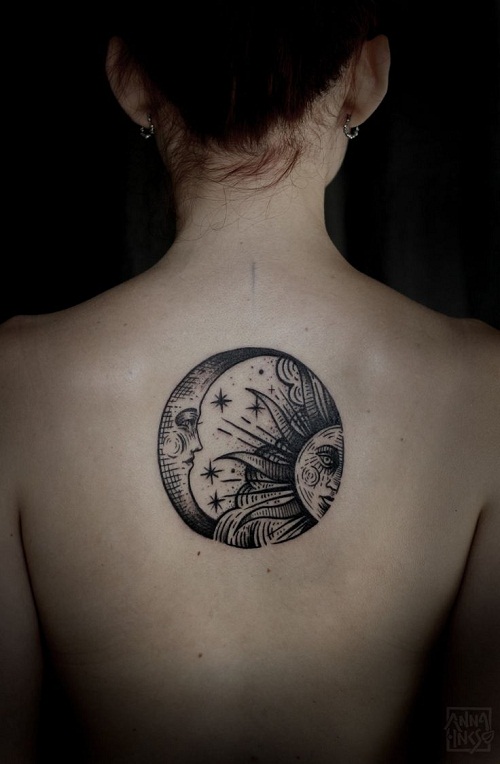 Grey Half Moon And Sun Tattoo On Upper Back