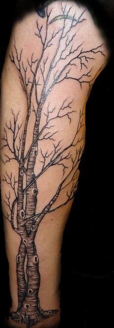 Grey Ink Birch Tree Tattoo On Arm Sleeve