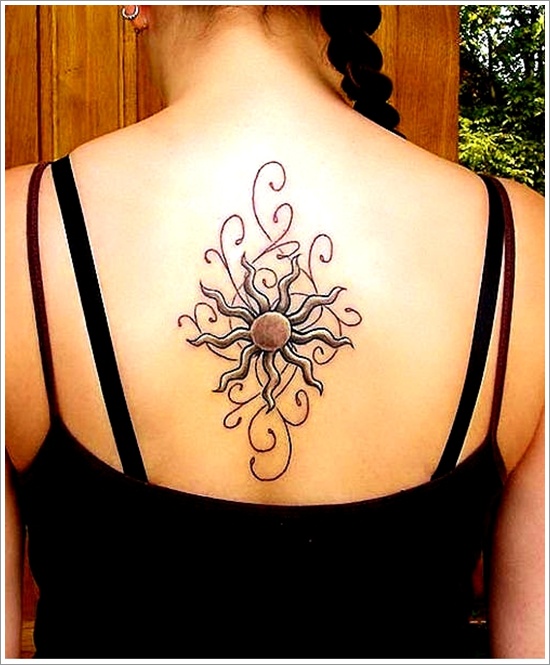 Grey Ink Celtic Sun Tattoo On Girl Upper Back