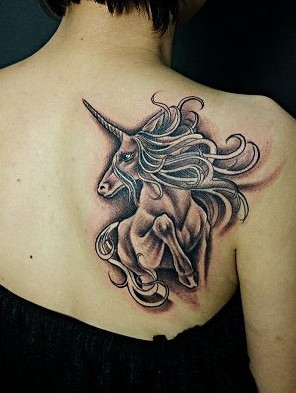 Grey Ink Feminine Unicorn Tattoo On Right Back Shoulder