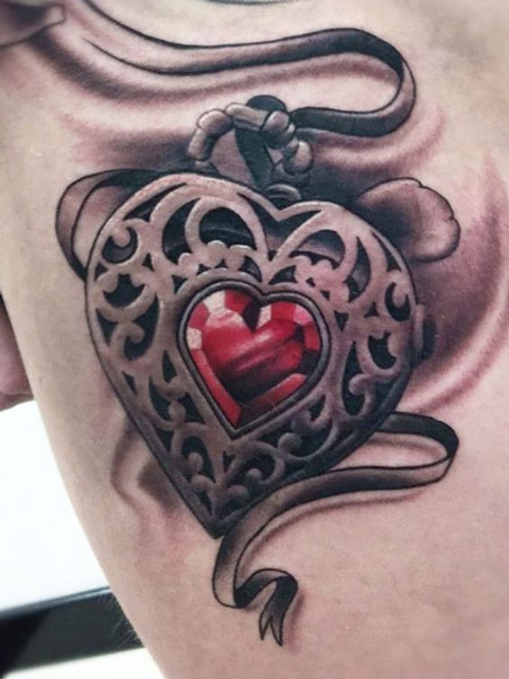 Grey Ink Heart Locket Tattoo On Side Rib
