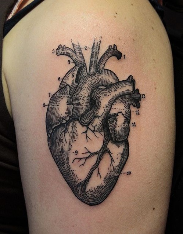 Grey Ink Human Heart Tattoo On Left Shoulder