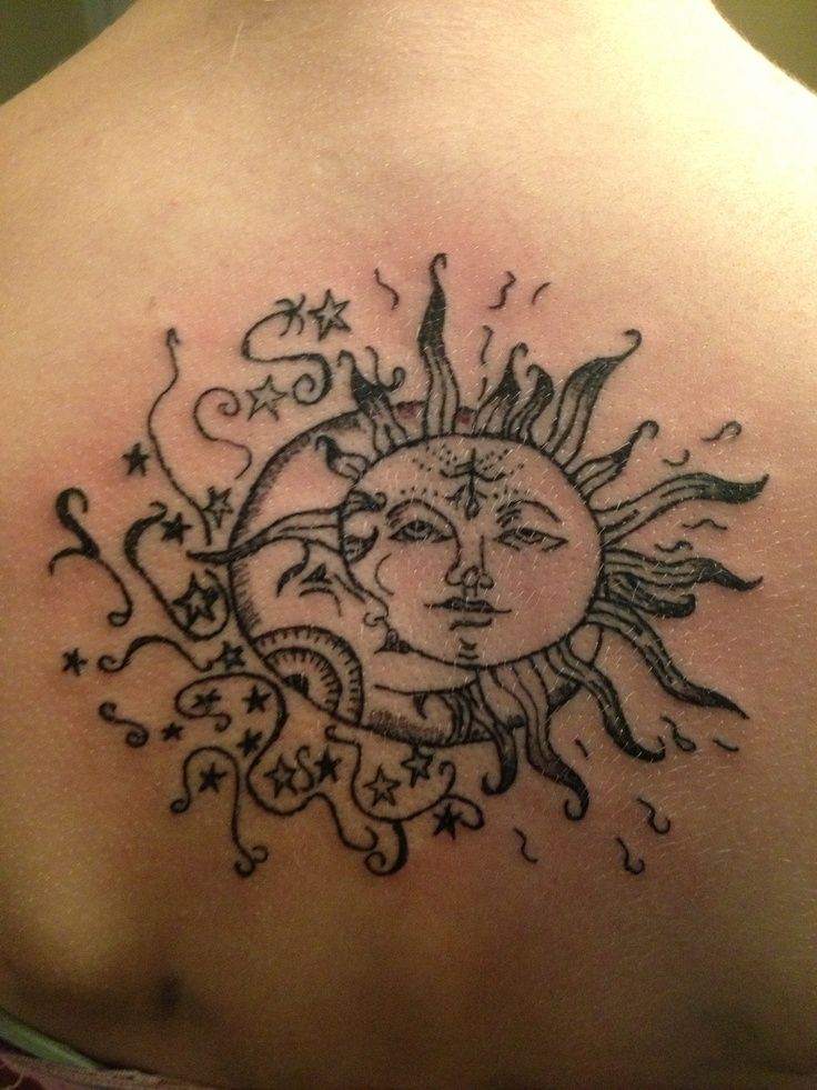 Grey Ink Moon, Sun And Stars Tattoo On Upper Back