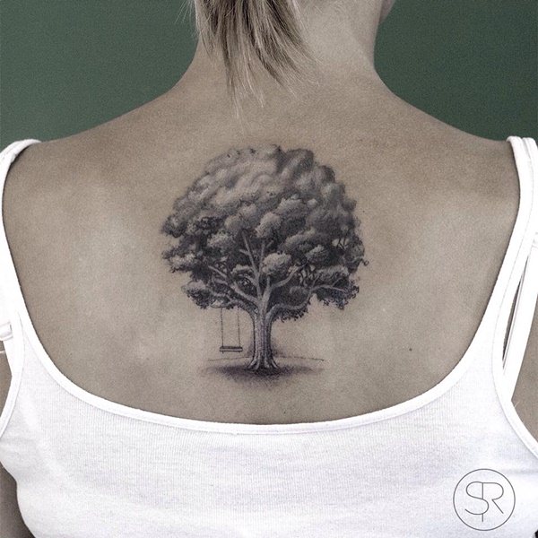Grey Ink Oak Tree And Swing Tattoo On Girl Upper Back