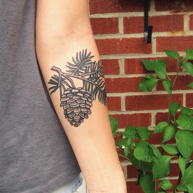 Grey Ink Pine Tree Tattoo On Left Forearm