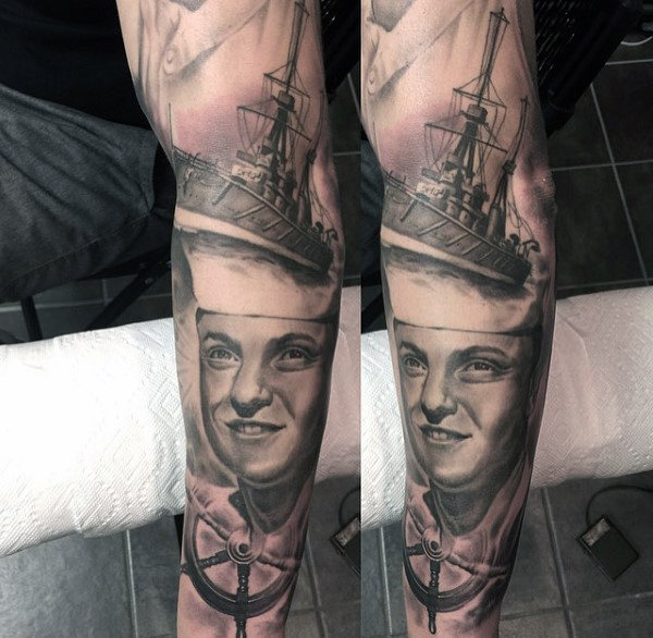 Grey Ink Sailor Navy Tattoo On Arm Sleeve