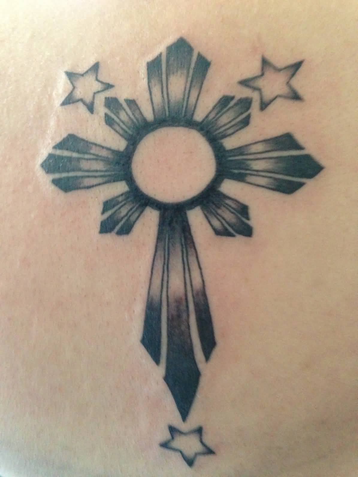 Grey Ink Shining Stars And Sun Tattoo Idea