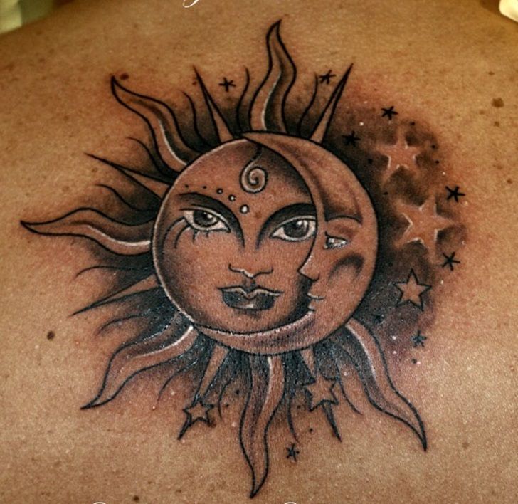 Grey Ink Stars And Sun Tattoo On Left Back Shoulder