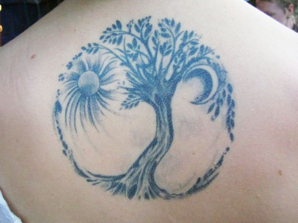 Grey Ink Sun And Tree Of Life Tattoo On Upper Back’