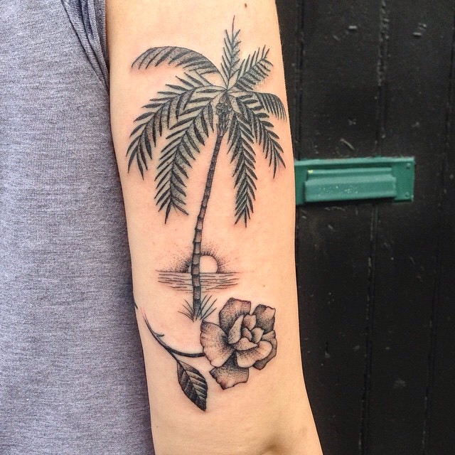 Grey Rose Flower And Palm Tree Tattoo On Arm Sleeve