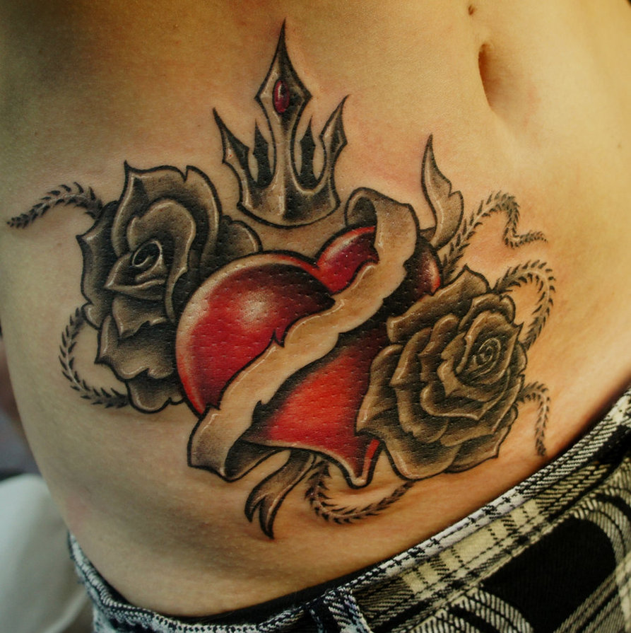 Grey Roses And Human Red Heart Tattoo On Right Hip
