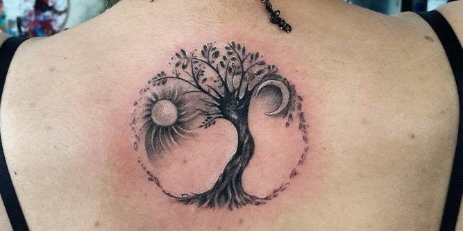 Grey Sun And Moon With Tree Of Life Tattoo On Upper Back