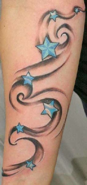 Grey Waves And Blue Shooting Stars Tattoo On Right Arm