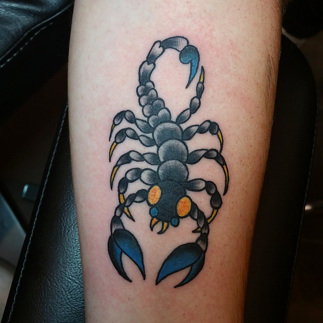 Grey and Blue Scorpion Tattoo On Arm Sleeve