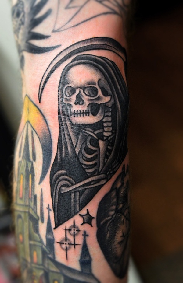 Grim Reaper Skull Tattoo On Right Arm