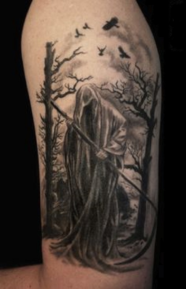 Grim Reaper Walking Alone In Forest Tattoo On Half Sleeve