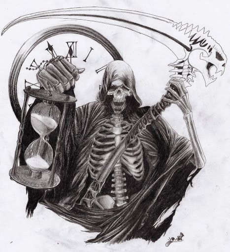 Grim Reaper With Clock And Hourglass Tattoo Design