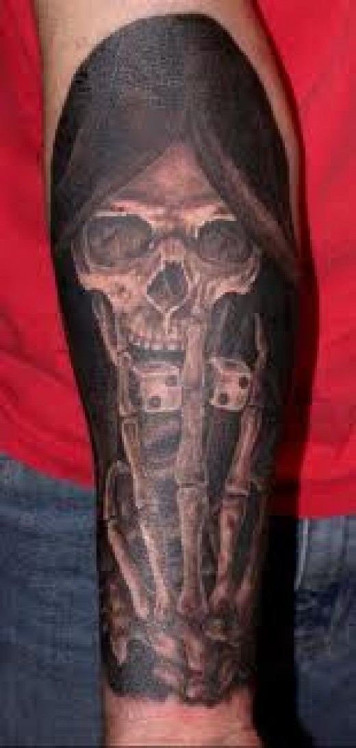 Grim Reaper With Dice In Hand Tattoo On Arm Sleeve