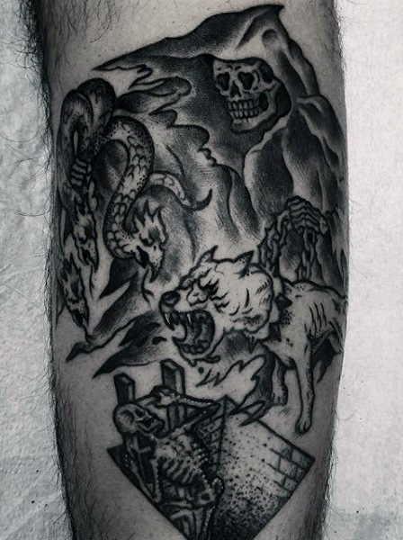 Grim Reaper With Dog And Dragon Tattoo On Leg