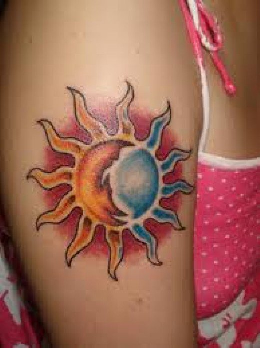 Half Moon And Half Sun Tattoo On Girl Right Bicep