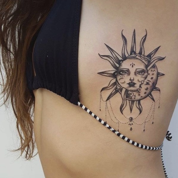 Half Moon And Sun Tattoo On Girl Side Rib