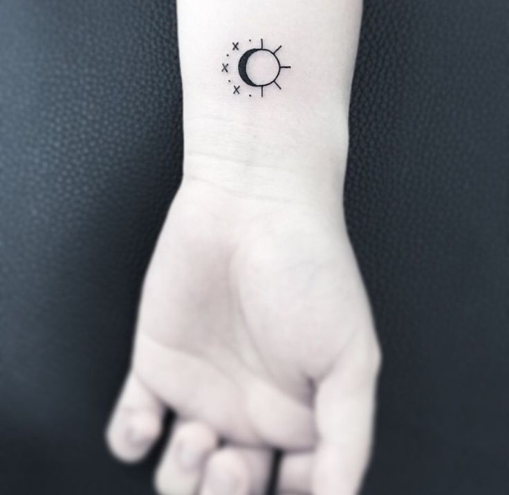 Half Moon And Sun With Three Stars Tattoo On Wrist