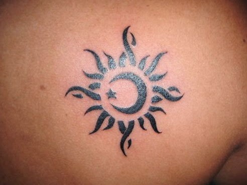 Half Moon And Tribal Sun Tattoo On Right Back Shoulder
