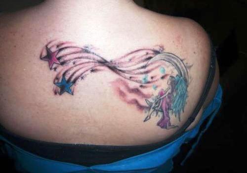 Half Moon With Fairy And Shooting Stars Tattoo On Upper Back