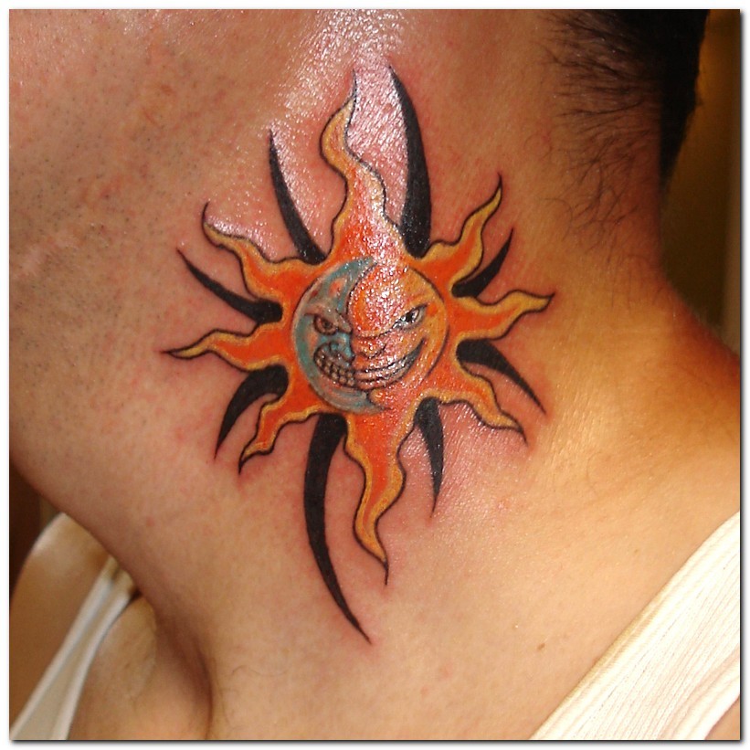 Half Moon With Sun Tattoo On Side Neck