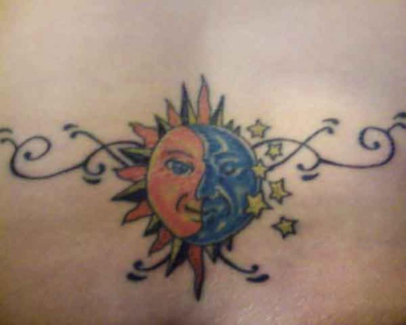 Half Sun And Moon Blue Stars Tattoo On Back