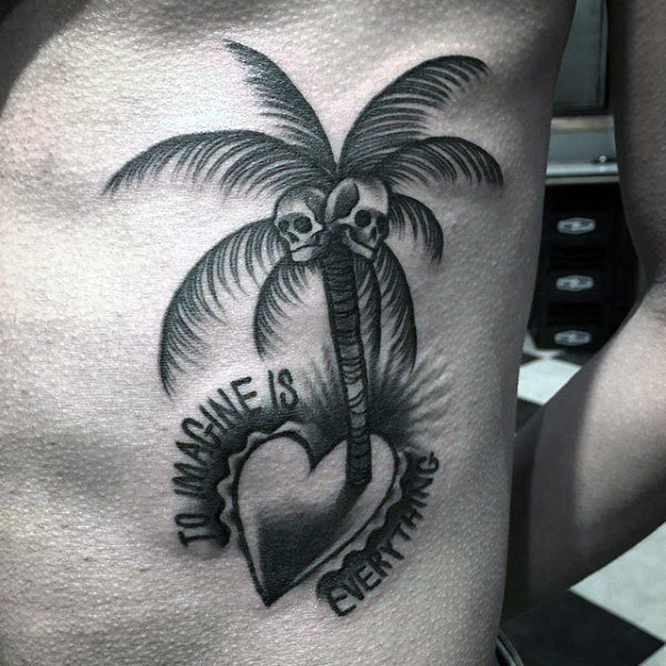 Heart And Palm Tree With Skulls Tattoo On Man Side Rib