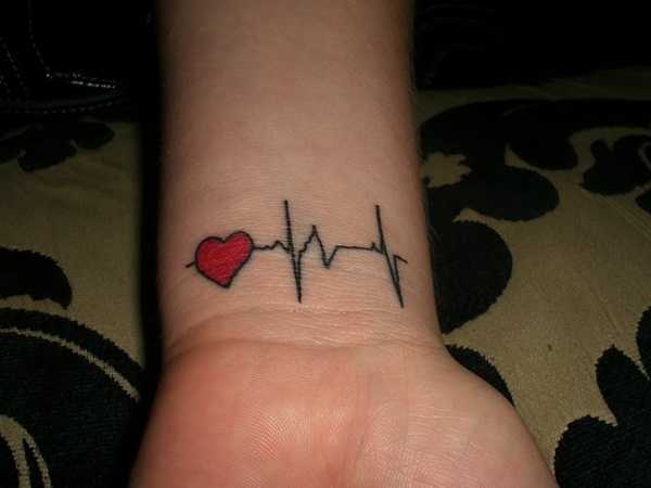 Heartbeat And Red Heart Tattoo On Wrist