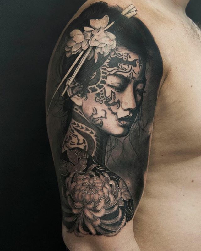 Hibiscus Flower And Geisha Tattoo On Right Half Sleeve