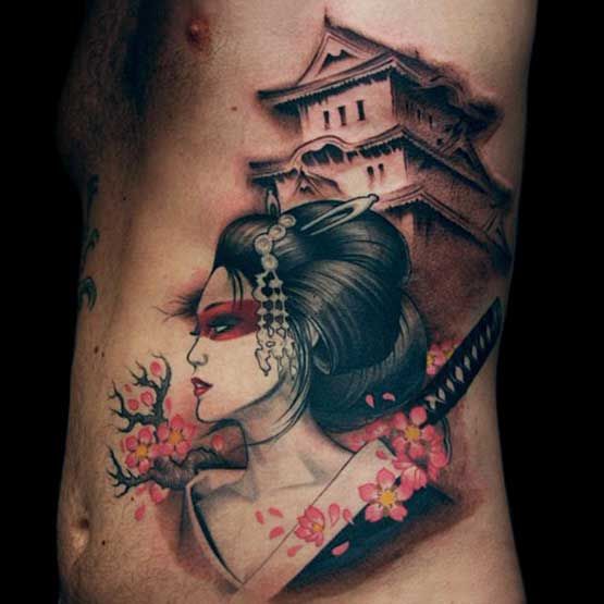 House And Geisha Girl Head Tattoo On Man Side Rib