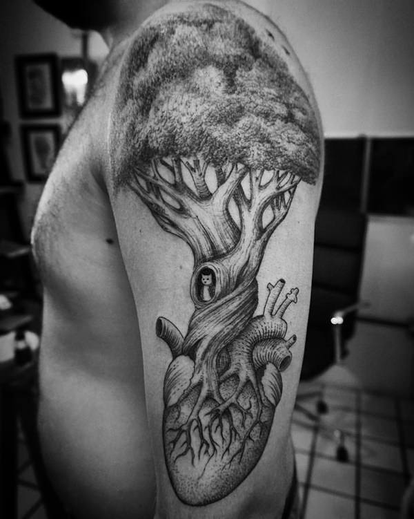 Human Heart And Tree Tattoo On Man Left Half Sleeve