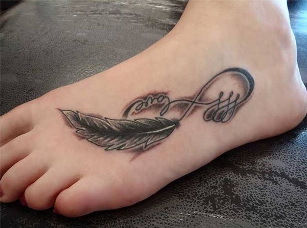 Infinity Love Feather Tattoo On Left Foot