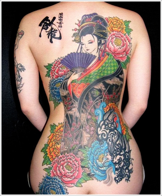 Japanese Flowers And Geisha Tattoo On Girl Full Back