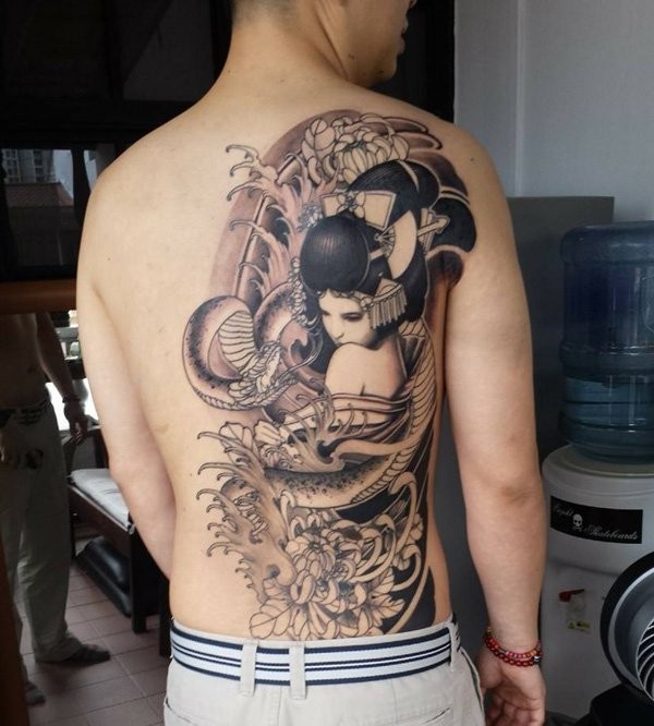 Japanese Geisha Tattoo On Man Full Back